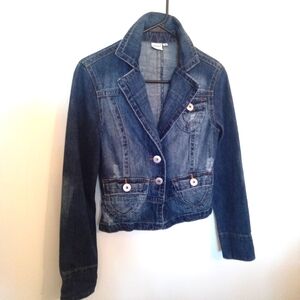 NEWS Women's Medium Wash Cropped Distressed Blazer Style Denim Jacket Small